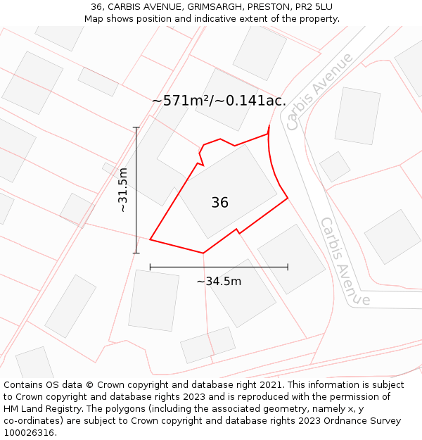 36, CARBIS AVENUE, GRIMSARGH, PRESTON, PR2 5LU: Plot and title map