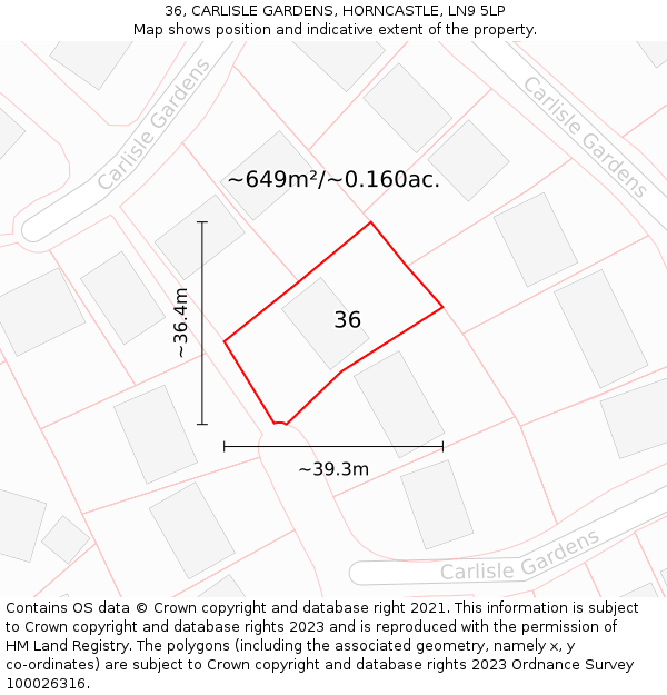 36, CARLISLE GARDENS, HORNCASTLE, LN9 5LP: Plot and title map