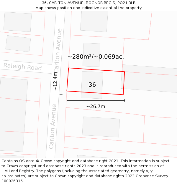 36, CARLTON AVENUE, BOGNOR REGIS, PO21 3LR: Plot and title map