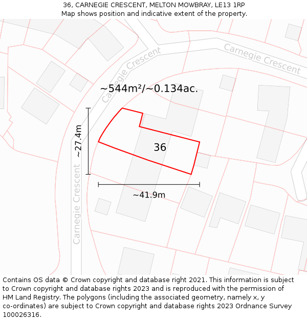 36, CARNEGIE CRESCENT, MELTON MOWBRAY, LE13 1RP: Plot and title map