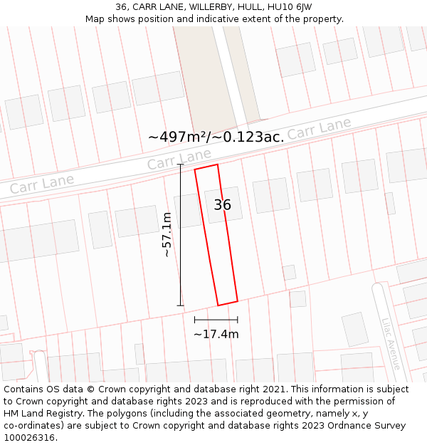 36, CARR LANE, WILLERBY, HULL, HU10 6JW: Plot and title map