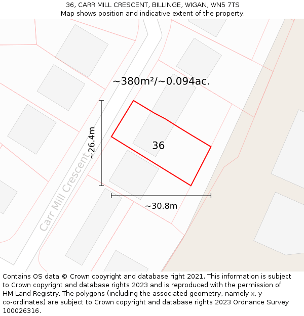 36, CARR MILL CRESCENT, BILLINGE, WIGAN, WN5 7TS: Plot and title map