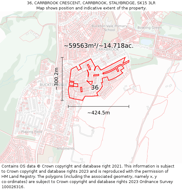 36, CARRBROOK CRESCENT, CARRBROOK, STALYBRIDGE, SK15 3LR: Plot and title map