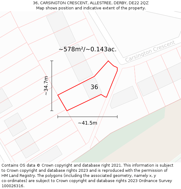 36, CARSINGTON CRESCENT, ALLESTREE, DERBY, DE22 2QZ: Plot and title map