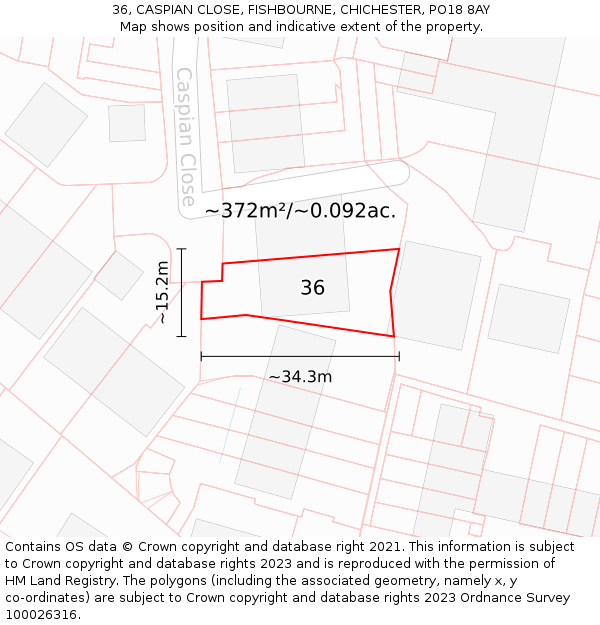 36, CASPIAN CLOSE, FISHBOURNE, CHICHESTER, PO18 8AY: Plot and title map