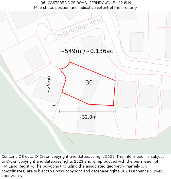 36, CASTERBRIDGE ROAD, FERNDOWN, BH22 8LN: Plot and title map