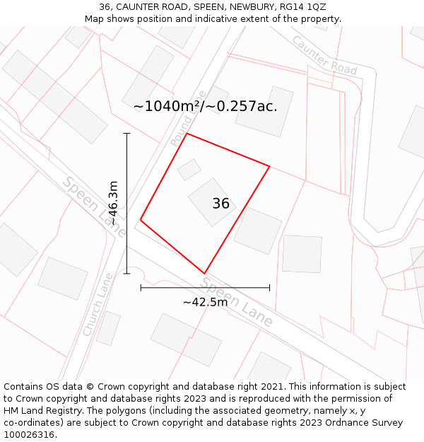 36, CAUNTER ROAD, SPEEN, NEWBURY, RG14 1QZ: Plot and title map