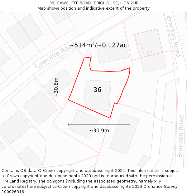 36, CAWCLIFFE ROAD, BRIGHOUSE, HD6 2HP: Plot and title map