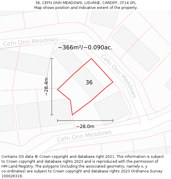 36, CEFN ONN MEADOWS, LISVANE, CARDIFF, CF14 0FL: Plot and title map