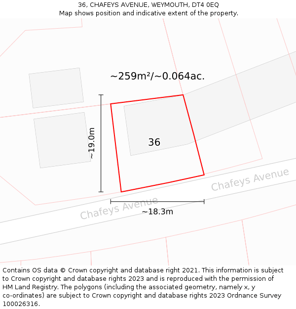 36, CHAFEYS AVENUE, WEYMOUTH, DT4 0EQ: Plot and title map