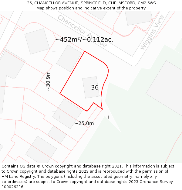 36, CHANCELLOR AVENUE, SPRINGFIELD, CHELMSFORD, CM2 6WS: Plot and title map