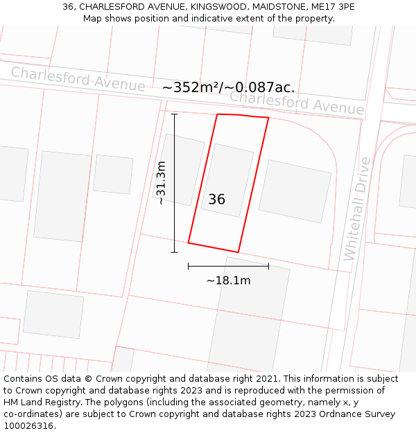 36, CHARLESFORD AVENUE, KINGSWOOD, MAIDSTONE, ME17 3PE: Plot and title map