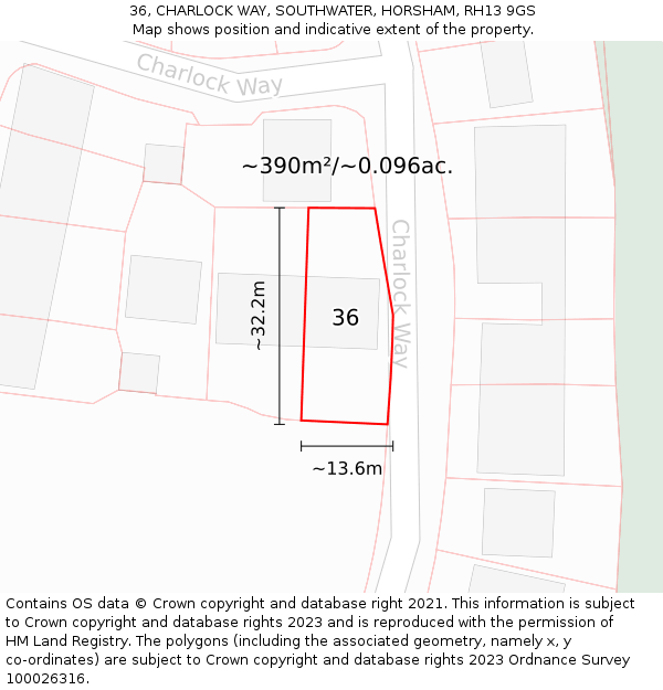 36, CHARLOCK WAY, SOUTHWATER, HORSHAM, RH13 9GS: Plot and title map