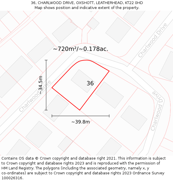 36, CHARLWOOD DRIVE, OXSHOTT, LEATHERHEAD, KT22 0HD: Plot and title map