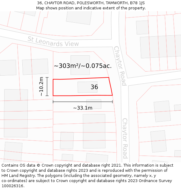 36, CHAYTOR ROAD, POLESWORTH, TAMWORTH, B78 1JS: Plot and title map