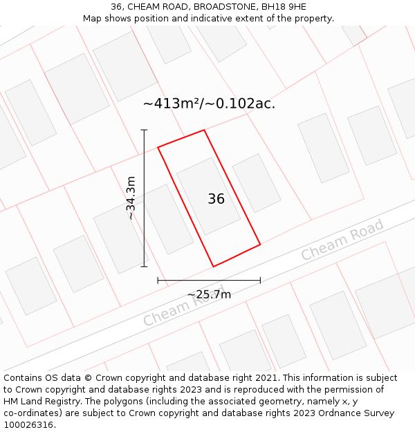 36, CHEAM ROAD, BROADSTONE, BH18 9HE: Plot and title map