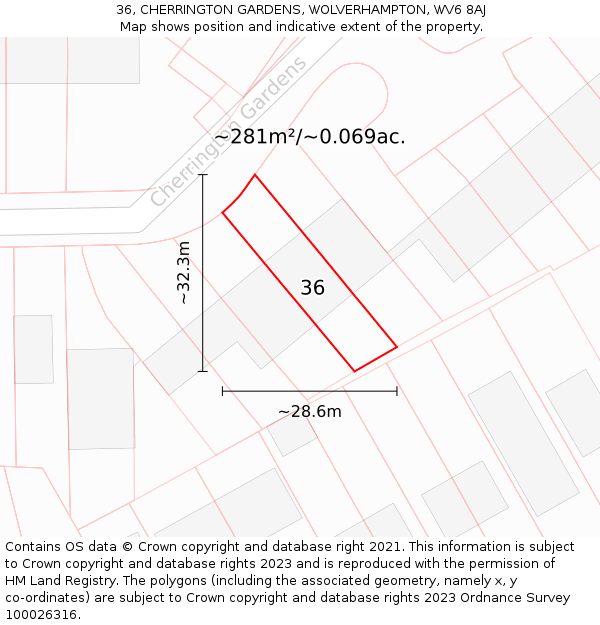 36, CHERRINGTON GARDENS, WOLVERHAMPTON, WV6 8AJ: Plot and title map