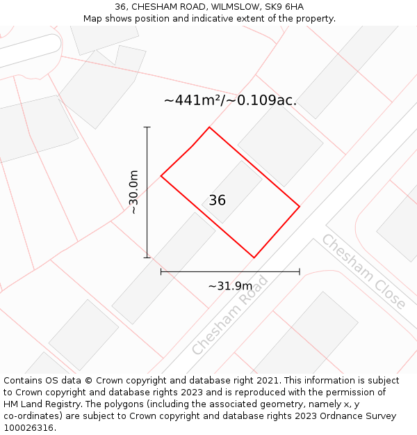 36, CHESHAM ROAD, WILMSLOW, SK9 6HA: Plot and title map