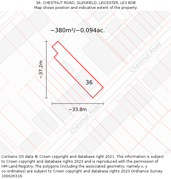 36, CHESTNUT ROAD, GLENFIELD, LEICESTER, LE3 8DB: Plot and title map