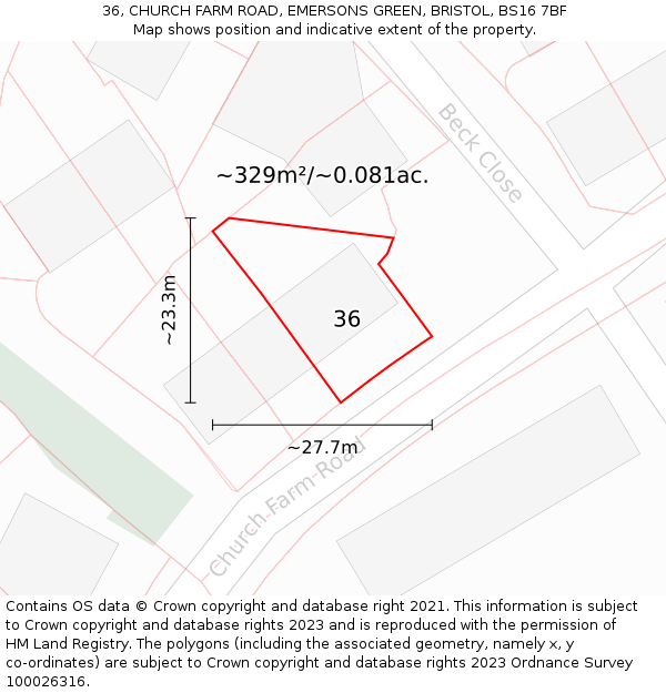 36, CHURCH FARM ROAD, EMERSONS GREEN, BRISTOL, BS16 7BF: Plot and title map