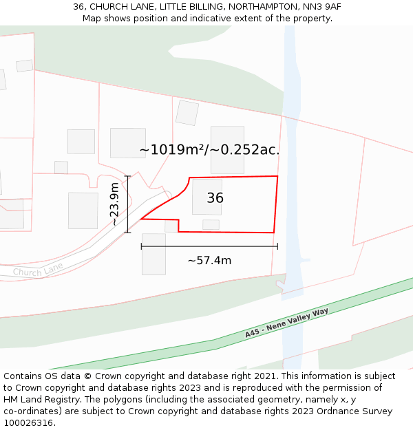 36, CHURCH LANE, LITTLE BILLING, NORTHAMPTON, NN3 9AF: Plot and title map