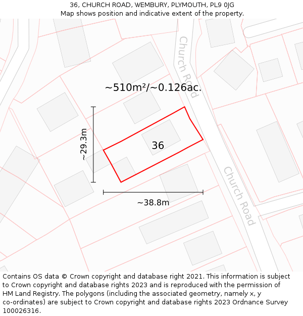 36, CHURCH ROAD, WEMBURY, PLYMOUTH, PL9 0JG: Plot and title map