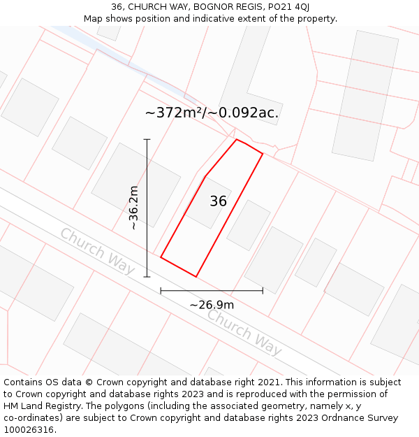 36, CHURCH WAY, BOGNOR REGIS, PO21 4QJ: Plot and title map