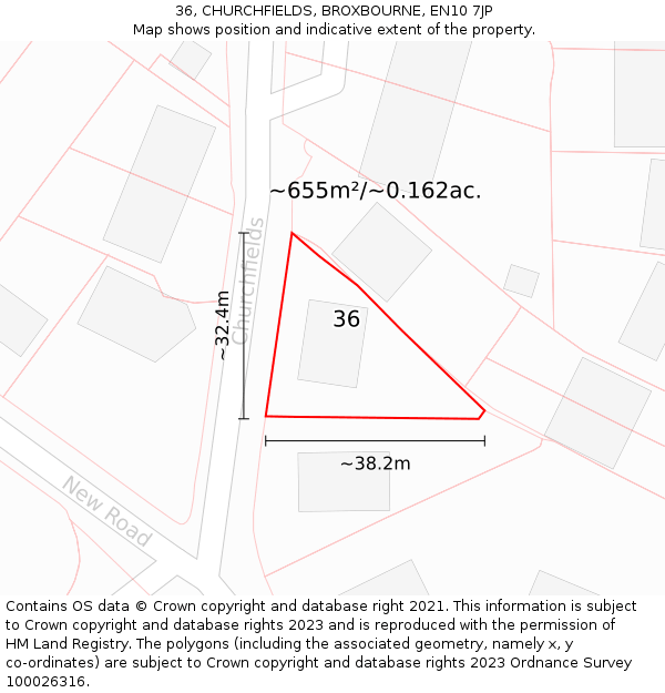 36, CHURCHFIELDS, BROXBOURNE, EN10 7JP: Plot and title map