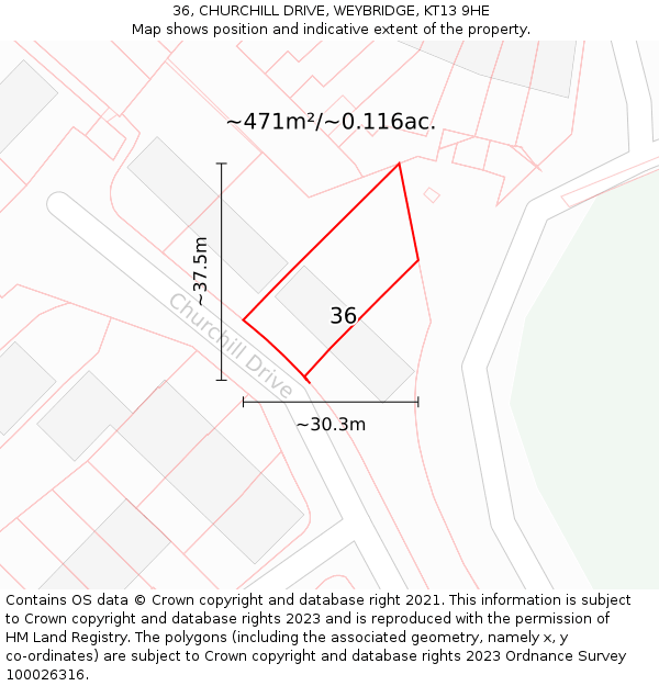 36, CHURCHILL DRIVE, WEYBRIDGE, KT13 9HE: Plot and title map