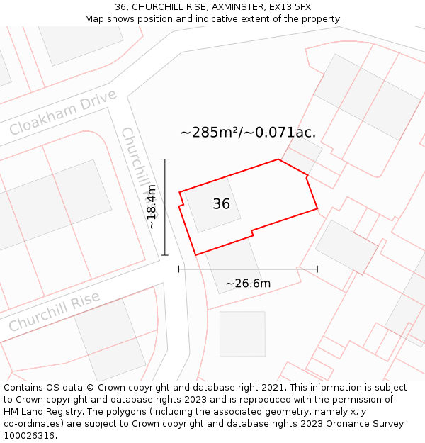 36, CHURCHILL RISE, AXMINSTER, EX13 5FX: Plot and title map