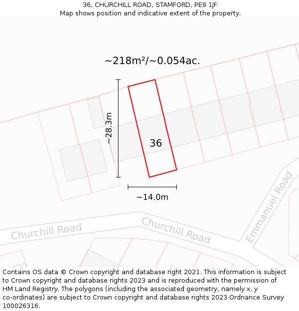 36, CHURCHILL ROAD, STAMFORD, PE9 1JF: Plot and title map