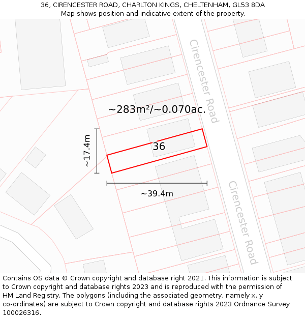 36, CIRENCESTER ROAD, CHARLTON KINGS, CHELTENHAM, GL53 8DA: Plot and title map