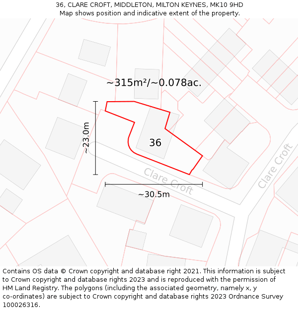 36, CLARE CROFT, MIDDLETON, MILTON KEYNES, MK10 9HD: Plot and title map