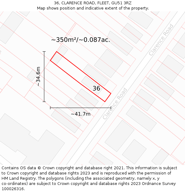 36, CLARENCE ROAD, FLEET, GU51 3RZ: Plot and title map