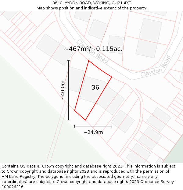 36, CLAYDON ROAD, WOKING, GU21 4XE: Plot and title map