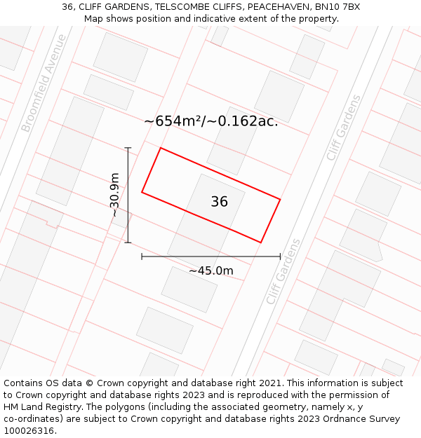 36, CLIFF GARDENS, TELSCOMBE CLIFFS, PEACEHAVEN, BN10 7BX: Plot and title map