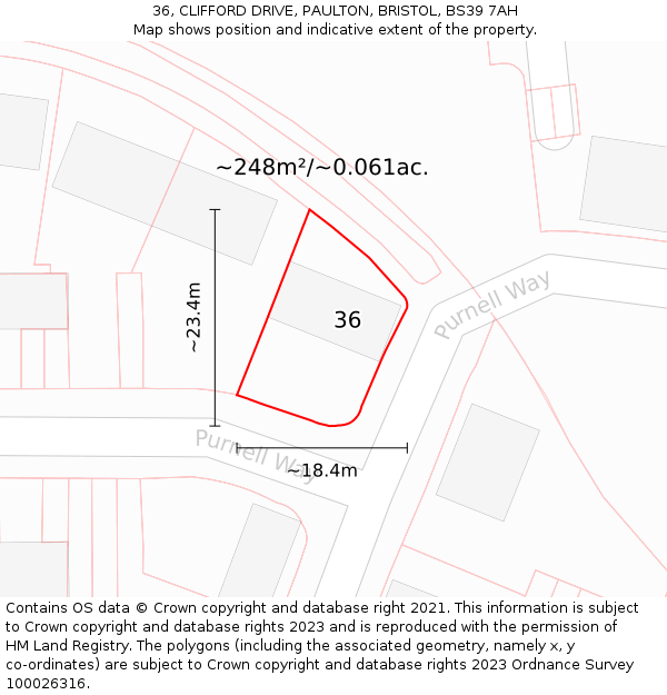 36, CLIFFORD DRIVE, PAULTON, BRISTOL, BS39 7AH: Plot and title map