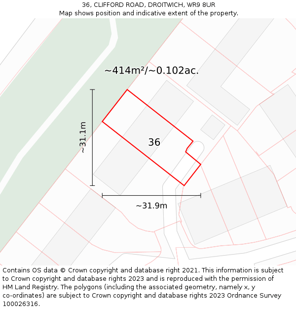 36, CLIFFORD ROAD, DROITWICH, WR9 8UR: Plot and title map