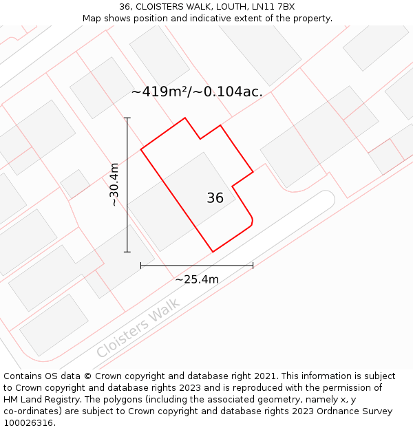 36, CLOISTERS WALK, LOUTH, LN11 7BX: Plot and title map