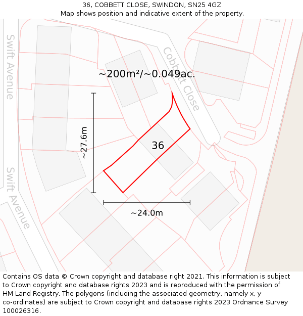 36, COBBETT CLOSE, SWINDON, SN25 4GZ: Plot and title map