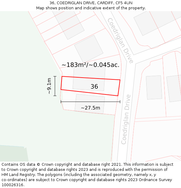 36, COEDRIGLAN DRIVE, CARDIFF, CF5 4UN: Plot and title map