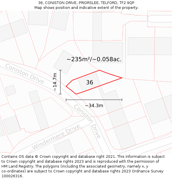 36, CONISTON DRIVE, PRIORSLEE, TELFORD, TF2 9QP: Plot and title map