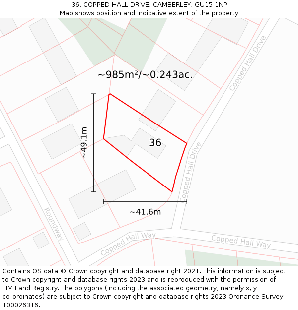 36, COPPED HALL DRIVE, CAMBERLEY, GU15 1NP: Plot and title map