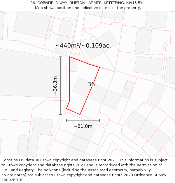 36, CORNFIELD WAY, BURTON LATIMER, KETTERING, NN15 5YH: Plot and title map