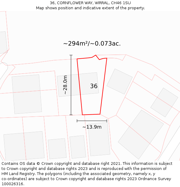 36, CORNFLOWER WAY, WIRRAL, CH46 1SU: Plot and title map