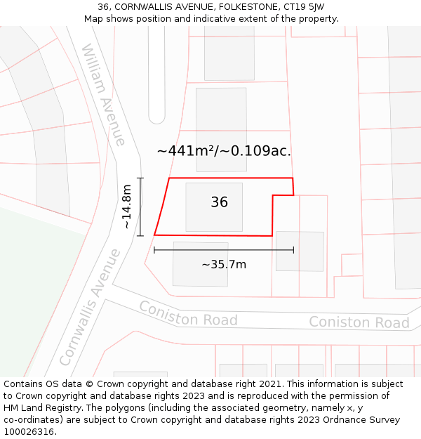 36, CORNWALLIS AVENUE, FOLKESTONE, CT19 5JW: Plot and title map