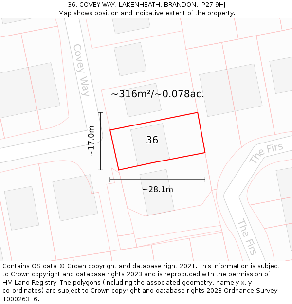 36, COVEY WAY, LAKENHEATH, BRANDON, IP27 9HJ: Plot and title map