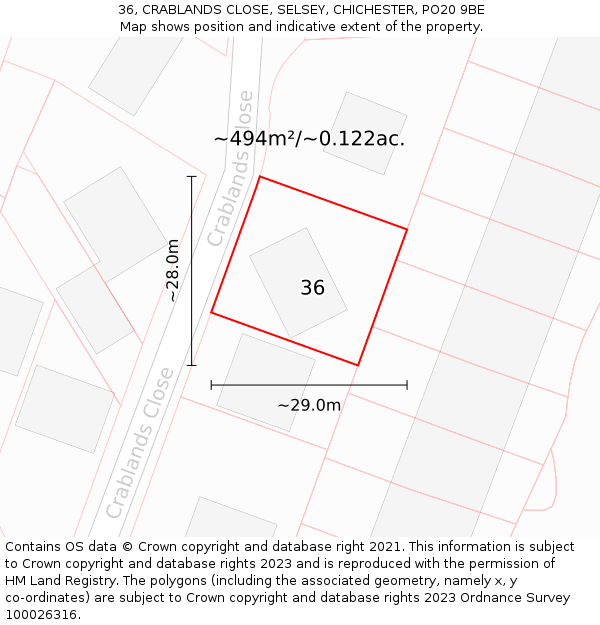 36, CRABLANDS CLOSE, SELSEY, CHICHESTER, PO20 9BE: Plot and title map