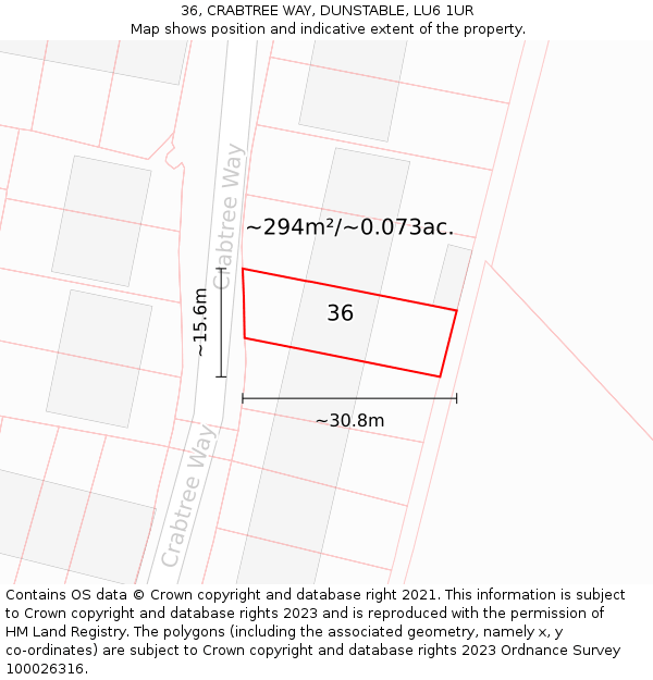 36, CRABTREE WAY, DUNSTABLE, LU6 1UR: Plot and title map