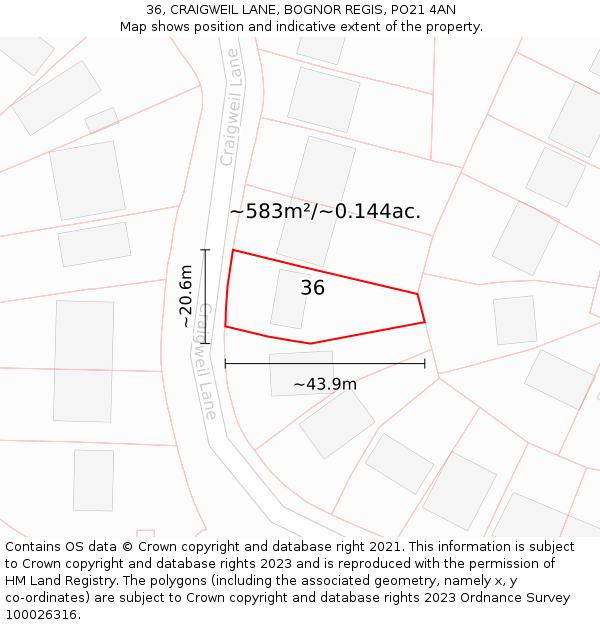 36, CRAIGWEIL LANE, BOGNOR REGIS, PO21 4AN: Plot and title map